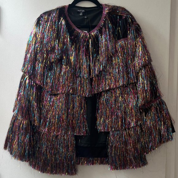 NWT Nasty Gal Metallic Tiered Tinsel Fringe Open Front Jacket - Picture 7 of 11